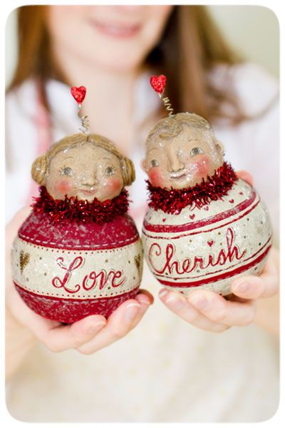 Johanna-&-her-Cherubs Valentines Craft Ideas, Valentine Craft Decorations, Ball Character, Vintage Valentines Decorations, Cards Valentines, Bethany Lowe Designs, Johanna Parker, Paper Mache Clay, Bethany Lowe