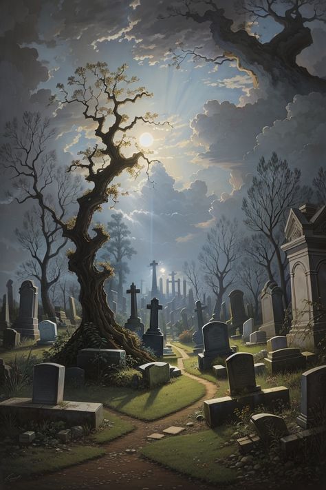 How To Paint Halloween Tombstones, Graveyard Concept Art, Cemetery Drawing, Cemetery Illustration, Cemetery Painting, Fantasy Graveyard, Graveyard Painting, Graveyard Drawing, Graveyard Art