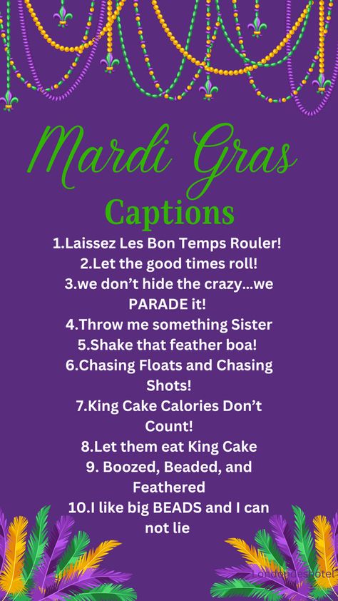 Mardi Gras Captions Instagram, Mardi Gras Captions, Mardi Gras Humor, Mardi Gras Quotes, New Orleans Quotes, Mardi Gras Party Food, Mardi Gras Cocktails, Mardi Gras Activities, Nola Style