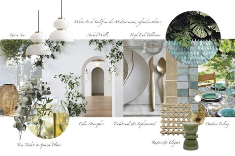 Moodboard Collage Interior, Moodboard Interior Design Restaurant, Mediterranean Interior Mood Board, Mediterranean Moodboard Interior Design, Mediterranean Restaurant Interior Design, Interior Design Mood Board Presentation, Concept Development Interior Design, Restaurant Mood Board, Mediterranean Mood Board