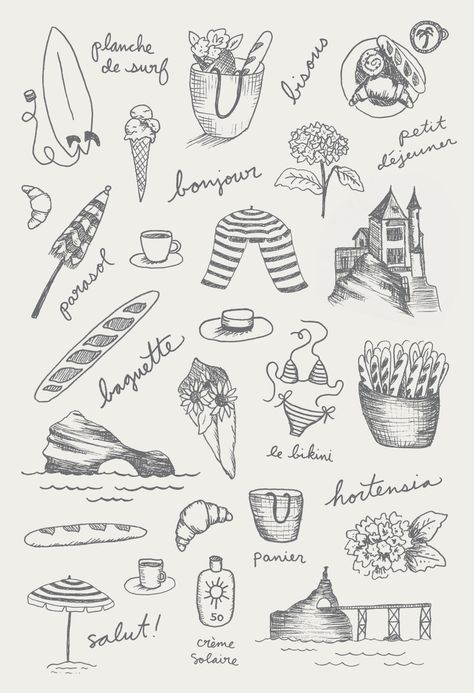 Biarritz Sketches For Billabong Womens French Flashcards Small France Tattoo, Tattoos To Get In France, Belgian Tattoo Ideas, French Aesthetic Drawing, France Aesthetic Drawing, Paris Tattoo Ideas France, Tiny French Tattoo, South Of France Illustration, French Doodles Drawings