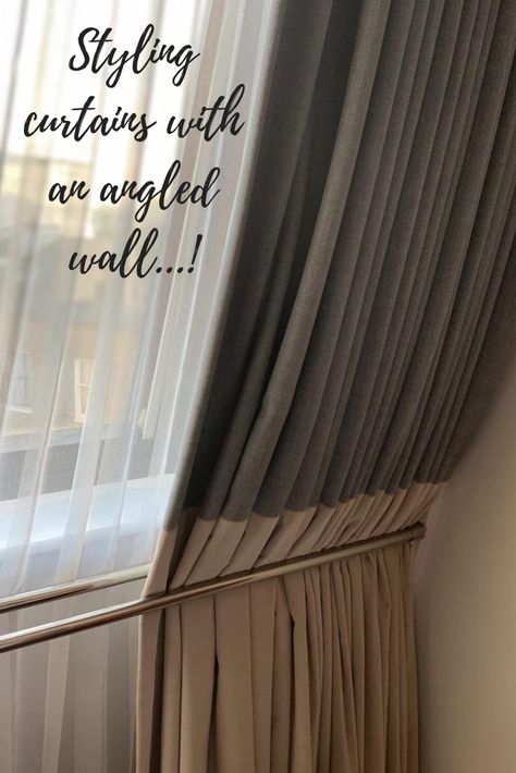 Angled walls? No problem! Slanted Wall Curtains, Attic Window Treatments, Sloped Ceiling Window Treatments, Curtains On Angled Ceiling, Curtains For Sloped Ceiling, Curtains On Slanted Ceiling, Angled Window Treatments, Curtains On Wall No Window, Curtain On Wall No Window