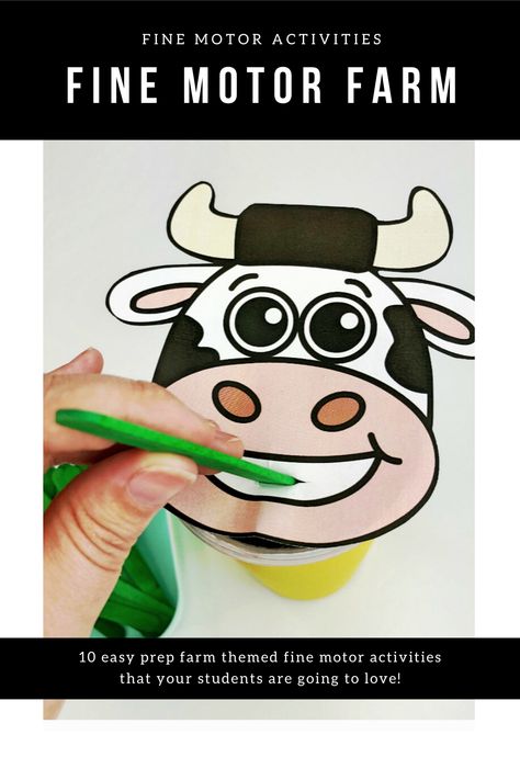 Check out these activities to improve fine motor skills with farm-themed fun! Use these easy fine motor practice ideas to not only increase fine motor development but also practice shapes, farm-themed craft ideas, and so much more. These farm theme activities are perfect for any child needing to enhance fine motor skills. Read about these easy activities here! Farm Theme Circle Time Activities, Cow Sensory Activities, Farm Fine Motor Activities Preschool, Cow Activities For Toddlers, Farm Fine Motor Activities, Farm Activities For Toddlers, Farm Preschool Activities, Farm Theme Activities, Hand Strengthening Activities