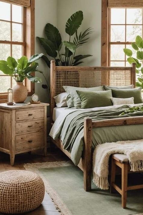 Tropical Green Bedroom Ideas, Beachy Green Bedroom, Boho Design Ideas, What Goes With Sage Green, Green Beach Bedroom, Bedroom Ideas Green And White, Airstream Aesthetic, Green Bedding Bedroom Ideas, Green And Wood Bedroom