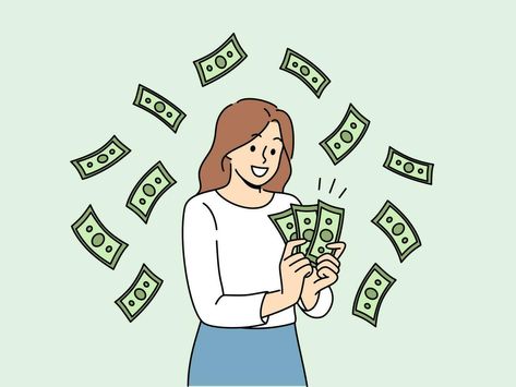 Woman with money banknotes rejoices at receiving high income for work performed or services provided English Project, English Projects, High Income, Higher Income, Cityscape Photos, Logo Banners, Cash Flow, Marketing Design, Custom Illustration