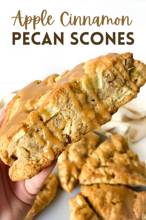 These scones are packed with apples and full of cinnamon flavor! The glaze is sweet, sticky, and resembles caramel sauce. These would be perfect for breakfast paired with coffee or tea. Apple Pecan Scones, Scone Flavor Ideas, Scone Flavors, Flavor Cakes, Apple Cinnamon Scones, Cinnamon Scones Recipe, Pecan Scones, Apples Recipes, Apple Scones