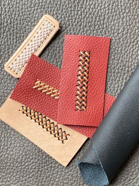 Leather stitch, saddle stitch, leathercraft, leather crafting, how to Leather Stiching Designs, Leather Cross Stitch, Leather Stitching Patterns, Embroidery On Leather Bags, Leather Swatches Ideas, Leather Stitching Techniques, Embroidery On Leather, Leather Stitching Detail, Leather Stitches