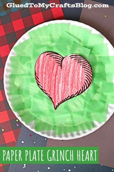 SUPER EASY Paper Plate Grinch Heart Craft Idea For Kids - Glued To My Crafts Easy Grinch Crafts For Preschool, Grinch Themed Crafts For Toddlers, Grinch Theme Preschool, Grinch Week Preschool, The Grinch Crafts For Toddlers, The Grinch Activities Preschool, Grinch Craft For Kindergarten, Grinch Fine Motor Activities, Kindergarten Grinch Activities