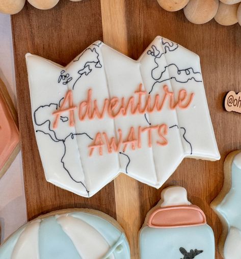 Adventure Awaits… ✈️ November is here! And a baby is coming! #ohdoughamazingcookies #adventureawaits #adventureawaitscookies #babyshowercookies #travelcookies #decoratedcookies #decoratedsugarcookies #mnbakery #cottagegrovemn #babyshowerideas Baby Is Coming, Baby Shower Cookies, Sugar Cookies Decorated, Adventure Awaits, Cookie Decorating, Baking