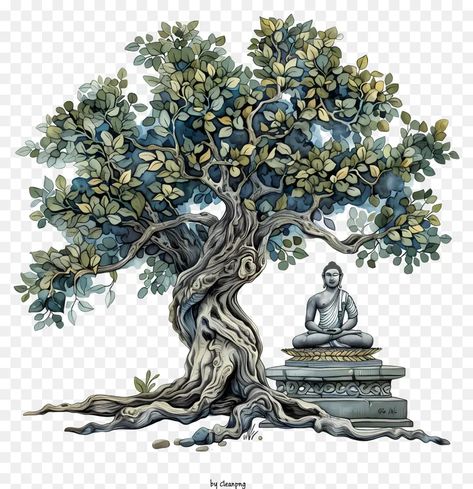 Buddha With Tree, Bodhi Tree Tattoo, Buddha Tree, Meditating Buddha, Bodhi Tree, Buddha Meditation, Blue Tree, Tree Tattoo, Tree Art