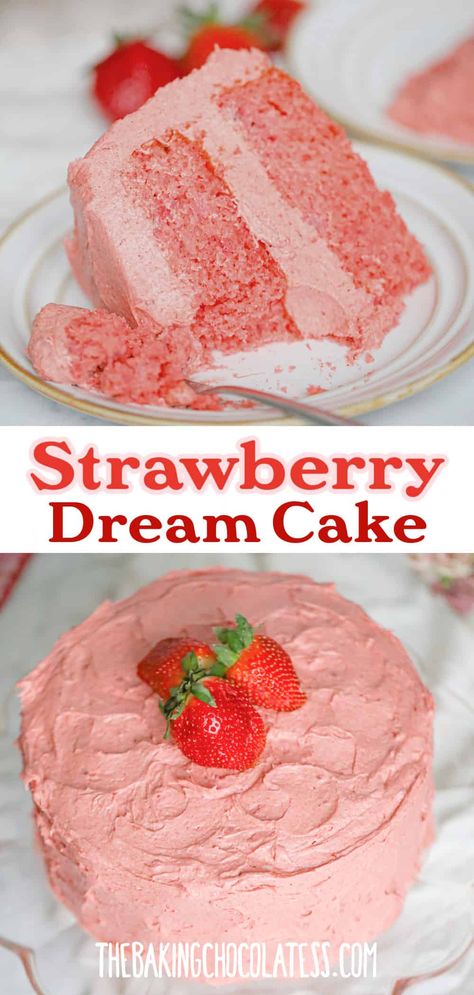 Strawberry Dream Cake 2 Layer Strawberry Cake, Strawberry Cake With Vanilla Frosting, Double Layer Strawberry Cake, Strawberry Dream Cake, Whipped Strawberry Frosting, Strawberry Cake Box Recipes, Strawberry Cake With Cream Cheese Icing, Dairy Free Strawberry Cake, Strawberry Cake With Strawberry Filling