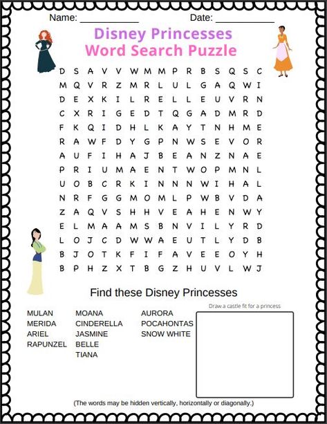 Does you kid love Disney?  Check out this free printable Disney Princesses word search puzzle. It is a printable PDF containing the names of all 12 official Disney princesses.  Plus there is a spot to draw a castle and some writing prompts too.  #wordsearch  #wordsearchpuzzles   #wordsearchforkids  #disneyprincesses  #wordsearchprintablesforkids  #printablesforkids Barbie Word Search, Disney Word Search Free Printable, Disney Crossword Puzzles Printable, Disney Word Search Printables, Kids Word Search Free Printable, Disney Worksheets, Disney Word Search, Disney Writing, Disney Coloring Pages Printables