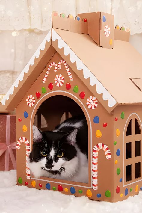 The cat playhouse kit comes with a cardboard gingerbread house, a large sheet of "candy" stickers to decorate it with, and a scratcher. Explore our Pinterest Board for more ideas and in-depth details on Marmalade. #HolidayPets #PetAccessories #MerryChristmas #HolidayStyle #FestivePets Christmas Pet Gifts | Christmas Gift Ideas | Dog Aesthetic | Dogs | Cat Aesthetic | Cats Gingerbread Cat, Cardboard Gingerbread, Cardboard Gingerbread House, Cat Playhouse, Table Wood, Marmalade, Pinterest Board, Cat House, Gingerbread House