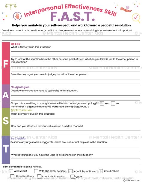 The DBT FAST skill is a self-respect interpersonal effectiveness skill that stands for (being) Fair, (no) Apologies, Sticking to your values, and (being) Truthful. This skill focuses on achieving a healthy respect for oneself by not compromising your beliefs and values. Without this it can result in resentment and bitterness. The FAST skill helps in maintaining your moral integrity without apologizing for it. The FAST DBT Worksheet includes two worksheet activities where clients can reflect on a past, current, or future situation where the FAST skills are necessary. For example, one activity asks them to consider the situation from the other person’s perspective and try to identify what is fair. A client can also assess their commitment to being honest with themselves or their actions. The Dbt Worksheet Activities, Dbt Activities For Teens, Dbt Skills Worksheets Free Printable, Dbt Group Activities, What Skill Dbt, Fast Skills Dbt, Dbt Skills Worksheets For Teens, Check The Facts Dbt Worksheet, Dbt Accepts Worksheet