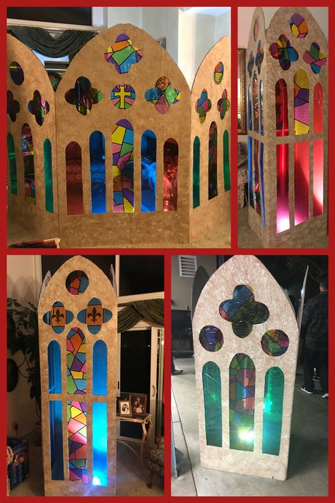 Faux stained glass window DIY, cardboard stained glass window, Sister Act Set Castle Stained Glass Windows, Middle School Felt Projects, Cardboard Stained Glass Window, Middle Ages Decoration, Middle Ages Crafts, Descendants Musical Set Design, Viking Trunk Or Treat, Diy Grotto, Diy Castle Cardboard