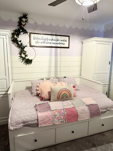 Snagged this Ikea day bed off Facebook Marketplace! It is so comfy and the storage removed all the big furniture we had before. We had to get the beddys comforter to finish the room makeover! #ikea #ikeahack #ikeamusthaves #hobbylobby #beddysbeds #homegoods #homedecorideas #tjmaxxfinds #homegoodsfinds #marshalls Ikea Hemnes Daybed Girls Room, Ikea Grey Day Bed, Ikea Daybed Double, Day Bed Pink And White, Ikea Day Bed, Ikea Frysedal Daybed, Ikea Must Haves, Tjmaxx Finds, Big Kids Room