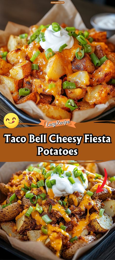 Recreate the fan-favorite Taco Bell Cheesy Fiesta Potatoes at home! This recipe features crispy, golden potatoes smothered in a creamy nacho cheese sauce and topped with a dollop of sour cream. They're the perfect spicy and cheesy treat for any snack or side dish. #CheesyFiestaPotatoes #TacoBellAtHome #SnackTime Crispy Mexican Potatoes, Crockpot Mexican Potatoes, Cheesy Mexican Potatoes, Taco Potato Bake, Cheesy Fiesta Potatoes Taco Bell, Potato Nachos Baked, Taco Bell Spicy Potato Taco, Taco Bell Fiesta Potatoes Recipe, Fiesta Potatoes Taco Bell