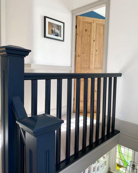 Navy Blue Banister, Landing Ideas Upstairs, 2023 Plans, Downstairs Hallway, Staircase Paneling, Landing Stairs, Landing Ideas, Stair Ideas, Door Plates