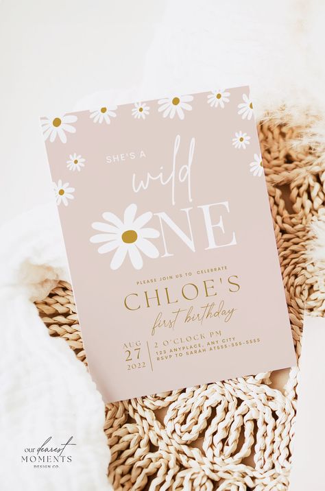 Celebrate your little one's boho daisy inspired 'Wild One' themed First Birthday in style, with our digital 1st birthday invitation template! Effortlessly customize and share the joy online with this chic design. A perfect base for your fairy first decor to set the tone for a beautiful event! Perfect for hassle-free party planning. Make the day memorable and share the excitement with friends and family. Instant Download with the option of sending via text or printing! Boho Daisy First Birthday, Daisy First Birthday Party, Daisy First Birthday, 1st Birthday Invitation Template, Wild One Birthday, Wild One Birthday Party, Party Invitations Kids, 1st Birthday Invitations, Girl First Birthday