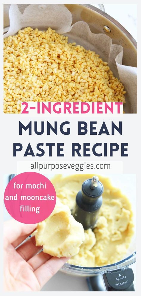 Sweet mung bean paste is a hugely popular ingredient in East Asia and widely used in Asian confectionary and desserts like mochi, sweetbreads, cookies as well as mooncakes. Unfortunately, it's not sold in paste form, even in Asian grocery stores. Good news is that homemade mung bean paste is easy to make and so much healthier than storebought bean pastes or lotus pastes! Learn how to make this easy, 2 ingredient mung bean paste recipe. #chinesedessert #mungbeanpaste #mungbeans #midautumnfestival Mungbean Pancakes Recipe, Easy Cheesecake Filling, Mung Bean Recipes, Korean Mung Bean Sprouts, How To Cook Mung Beans, Bean Paste Recipe, Sweet Bean Paste, Steam Food, Mooncake Filling