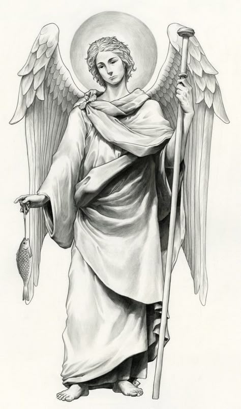 St Raphael Archangel Tattoo, Arch Angel Raphael Tattoo, Angel Raphael Tattoo, Archangel Raphael Tattoo, Angel Tattoo Sketch, Raphael Tattoo, Saint Raphael Archangel, Raphael Archangel, Holly Irwin