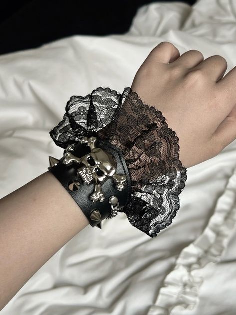 This bracelet features skeleton and stud decorations with lace trim design, available in pure white, pure black, and black and white.   The price is for a bracelet only, others are not included. Goth Custom Clothes, Item Reference, Xo Jewelry, Skull Accessories, Black Skeleton, Steampunk Fashion Male, Goth Halloween, Cross Choker, Black And Black