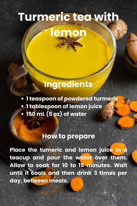 A glass cup of bright yellow turmeric lemon tea with star anise, surrounded by fresh turmeric roots and powder. Turmeric And Lemon Water, Juice With Tumeric, Lemon Tea Recipe, Orange Peel Tea, Turmeric Drink, Water Detox, Garlic Uses, Turmeric Recipes, Health Tea