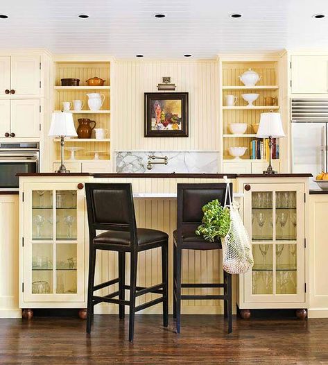 Yellow Kitchen Design Ideas to Brighten Up Your Cooking Space Yellow Kitchen Designs, Granny Pods, Yellow Cabinets, White Tile Backsplash, Traditional Kitchen Design, Kitchen Details, Glass Front Cabinets, Colorful Kitchen, Dark Kitchen