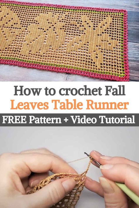 New Filet Crochet Pattern: Fall Leaves Table Runner! It's easy to create beautiful seasonal images with fillet crochet, so let's crochet this decorative table runner.Fillet means 'net' or 'mesh' in French. Using only chains and double crochets and following the graphic in the image is easy to do... Fall Table Runners Patterns Free Crochet, Crochet Autumn Table Runner, Fall Filet Crochet, Filet Crochet Table Runner Patterns Free, Crochet Fall Table Runner, Halloween Doilies, Crochet Fall Leaves, Free Crochet Table Runner Patterns, Earthy Witch