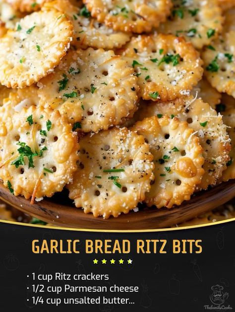 Quicker recipes Garlic Bread Ritz Crackers, Chex Mix Flavors, Recipes Garlic Bread, Christmas Appies, Yummy Bread Recipes, Pot Luck Food, Puff Pastry Recipes Appetizers, Ritz Bits, Crackers Appetizers