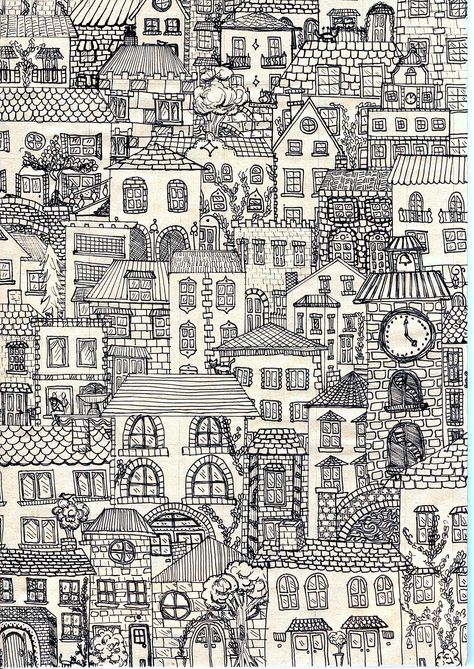 Building Doodle Art, City Scape Line Drawing, Town Sketch Simple, Doodle Art Buildings, Fineliner Art Buildings, Town Illustration Buildings, Town Drawing Buildings, Town Drawing Simple, Cityscape Doodle