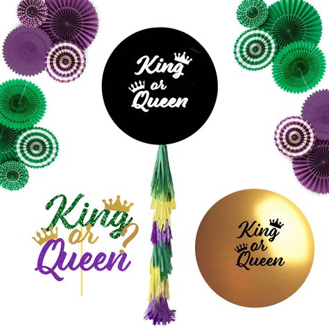 Mardi Gras Gender Reveal, Giant Balloon, Black Balloon, Blue Confetti, Gender Reveal Ideas, Gender Reveal Balloons, King Or Queen, Mardi Gras Decorations, Balloon Kit