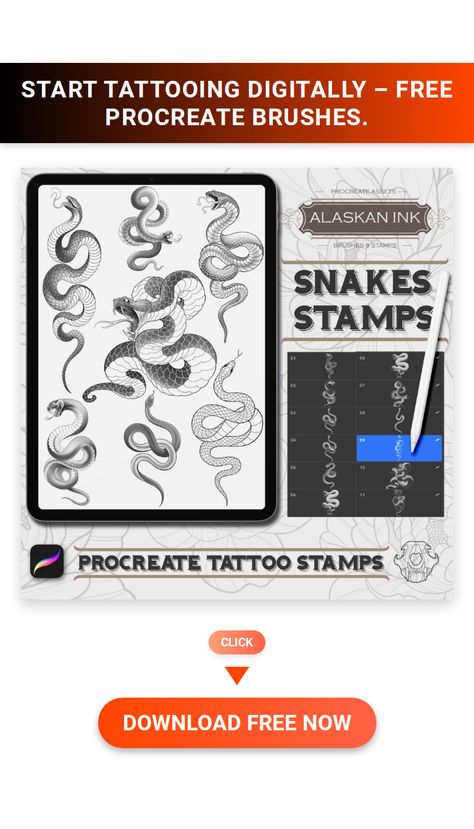 Snakes & tattoo Procreate brushes. Unleash your inner artist! Create realistic snake tattoos. Procreate Brushes Tattoo, Snakes Tattoo, Procreate Tattoo Brushes, Procreate Brushes Download, Procreate Tattoo, Brush Tattoo, Brush Procreate, Snake Tattoos, Free Procreate