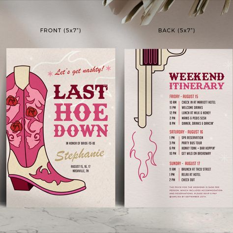 AVAILABLE AT ETSY — CLICK TO DOWNLOAD —  Nashville Bachelorette Last Hoe Down Invitation Template | Last Rodeo, Let's Get Nashty, Modern Western, Country, Cowgirl | 2023 Cowgirl Bachelorette Party Invitations, Western Theme Hens Party, Nashville Bachelorette Party Itenary, Bachelorette Party Hoedown, Nashville Bachelorette Invitations, Nashville Bachelorette Party Last Rodeo, Cowgirl Bachelorette Invitations, Nashville Bachelorette Party Invitations, Bachelorette Party Themes For Nashville