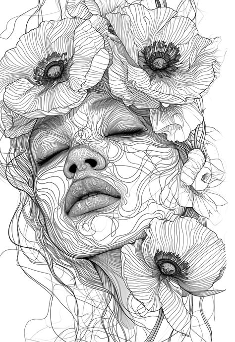 Flower Portrait Drawing, Person With Flowers Drawing, Line Art Portrait Faces, Line Sketches Art, Flower Design Painting, Flower Face Art, Abstract Sketching, Self Portraits Art, Line Portrait Drawing