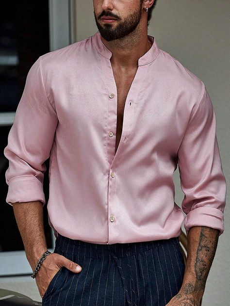 Manfinity Homme Men Solid Button Front Shirt Without Tee | SHEIN USA Purple Shirt Outfits, Pink Shirt Outfit, Pink Shirt Men, Blush Pink Top, Light Pink Shirt, Shirt Outfit Men, Silk Shirt Dress, Traje Casual, Men Formal