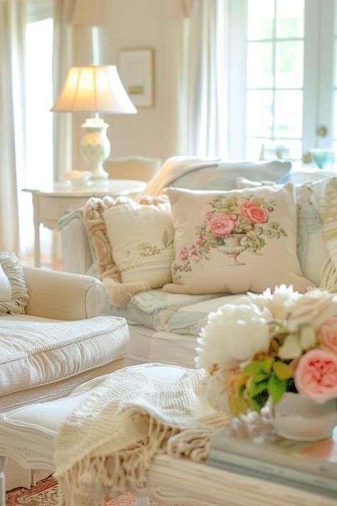 Charming French Cottage Living Room Ideas &amp; Tips Romantic Shabby Chic Living Room, Cottage Living Rooms Cozy, Vintage Coquette Living Room, Pink Sofa Cottage, Shabby Chic Loving Room Furniture, French Inspired Living Room, French Living Room Design, French Living Room Decor, English Cottage Living Room