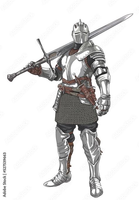 Historically Accurate Knight, Knight Armor Reference Drawing, Knight Armor Drawing, Medieval Swords Illustration, Knight Side Profile, Armour Drawing Reference, How To Draw Armor, Knight Poses Drawing, Knight Drawing Reference