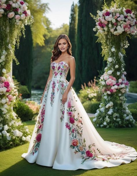 Wedding Dress With Colourful Flowers, Embroidery Dress Wedding, Matric Farewell Dresses, Civil Dress, Ariel Wedding, Farewell Dresses, Wedding Frocks, Floral Applique Dress, Boda Mexicana