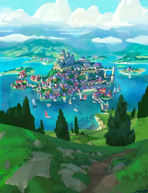 ArtStation - Island city , Tyler edlin Fantasy City Map, Bangunan Minecraft, Fantasy Town, Fantasy Island, City Drawing, Landscape Concept, Island City, Fantasy City, Fantasy Places