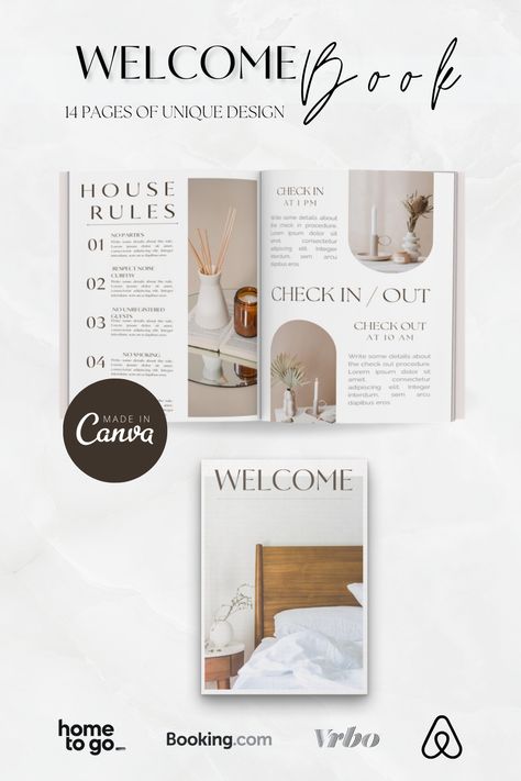 Elevate your guest experience with our Welcome Books for Airbnb and rental properties. From local tips to house rules, create the ultimate guest guide with our customizable templates. Impress, inform, and enhance your guests' stay. 🏠🌟 #AirbnbWelcomeBook #RentalPropertyGuide #GuestExperience #Hospitality Welcome Airbnb, Paying Guest, Guest Experience, Book Template, Minimalistic Design, Guide Book, Check In, Canva Template, House Rental