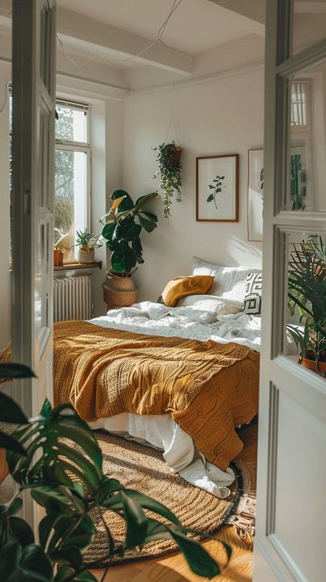 Studio Boho Decor, Earth Apartment Decor, Small Apartment Boho Decor, Bedroom Inspirations Earth Tones, Tulum Style Bedroom, Apartment Aesthetic Cozy Bedroom, Sunny Bedroom Aesthetic, Bedroom With Plants Aesthetic, Tiny Home Bedroom Ideas