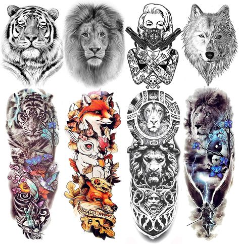 Voll Arm-tattoos, Blitz Tattoo, Best 3d Tattoos, Fake Tattoo Sleeves, Tattoo Uk, Tier Tattoo, Lion Tattoo Sleeves, Large Temporary Tattoos, Arm Temporary Tattoos