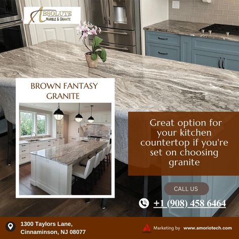 Fantasy Granite Countertops! Brown Fantasy Granite Kitchens, Fantasy Brown Countertops, Fantasy Brown Granite, Caesarstone Quartz, Fantasy Brown, Cambria Quartz, Commercial Bar, Fireplace Entertainment, Marble Quartz