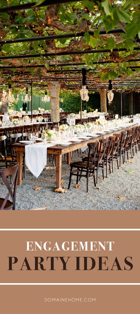 Beautiful and unique ideas to throw a memorable engagement party for family and friends. Vineyard Engagement Party, Engagement Party Park Ideas, Engagement Party At Winery, Outdoor Patio Engagement Party, Unique Engagement Party Ideas, Outdoor Tent Engagement Party, Rustic Engagement Party Ideas, Engagement Party Venue Ideas, Winery Engagement Party