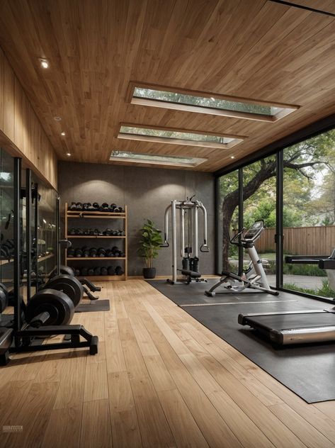 Minimalist Gym Design, Mid Century Modern Gym, Gym Pool House, Workout Basement Ideas, Personal Gym Design, Indoor Gym Ideas, Modern Gym Interior Design, Indoor Gym Home, At Home Gym Ideas