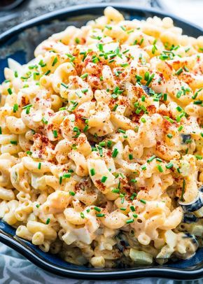 Deviled Egg Macaroni Salad Recipe, Deviled Egg Macaroni Salad, Cold Pea Salad, Egg Macaroni Salad, Macaroni Pasta Salad, Cheese Salad Recipes, Cabin Food, Deviled Egg Salad, Easy Macaroni