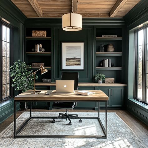 The Best Moody Office Paint Colors - The Paint Color Project Home Office Color Pallet, Sw Greenblack Office, Evergreen Fog Office Cabinets, Green Paint For Office Walls, Dark Green Blue Sherwin Williams, Green Painted Office Walls, Office Built In Paint Colors, Home Study Paint Colors, Bm Southern Vine