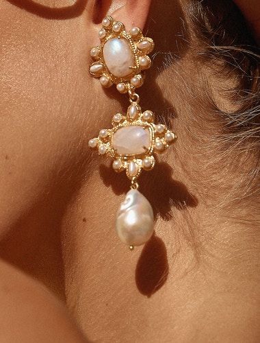 Buy Charlotte Earrings White by Christie Nicolaides - Jewellery 840IQUNF68 | Seezona Statement Wedding Earrings, Christie Nicolaides, Soft Dramatic, White Stones, Pearl Jewellery, White Moonstone, Earrings White, Wedding Mood, Jewelry Inspo