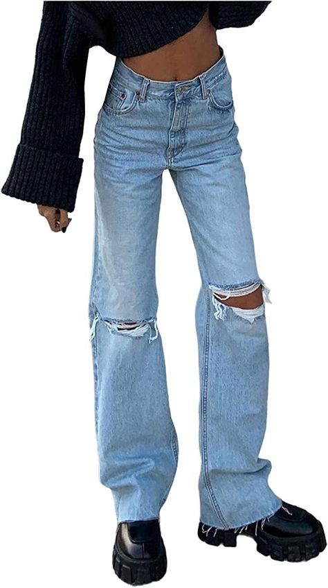 wide leg jeans, jeans, distressed jeans, fall trend, fit, casual style, fall fit, winter fit, street style Cargo Pants Women Baggy, High Waist Ripped Jeans, Cargo Pants Jeans, High Waisted Cargo Pants, Straight Denim Jeans, Work Pants Women, Jogger Pants Casual, Streetwear Pants, Baggy Cargo Pants